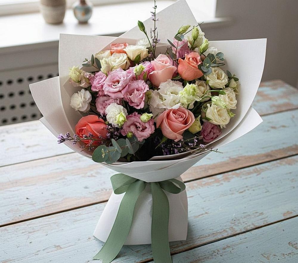 Букет цветов из: Розы, Лизиантусы и Гвоздики в Промышленной