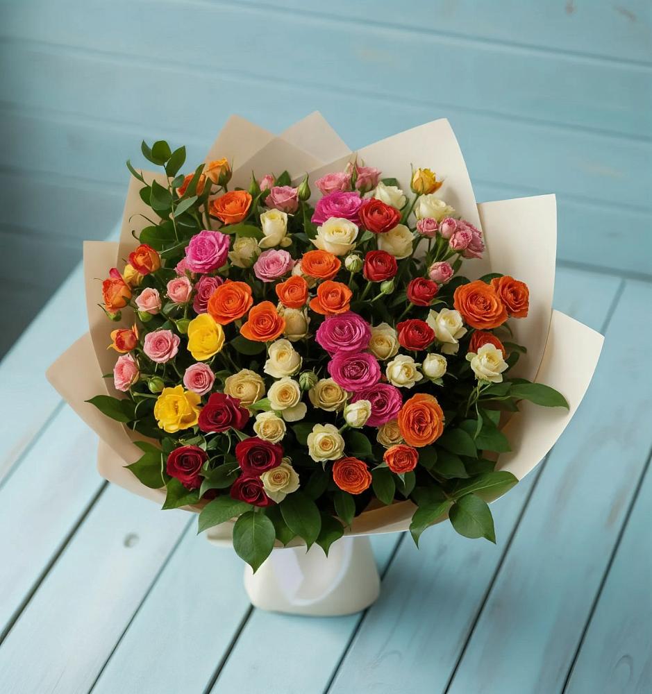 Букет Микс из разноцветных кустовых роз в Промышленной