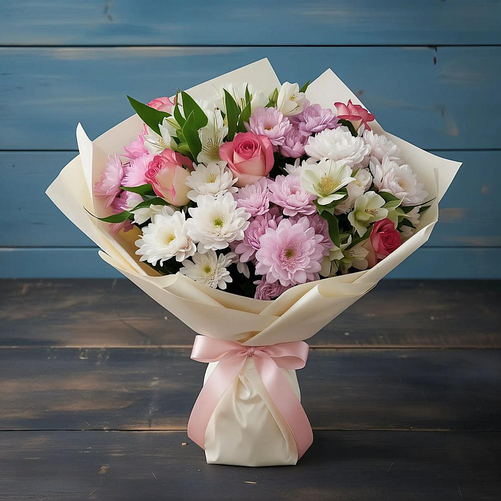 Букет цветов из: Хризантемы, Альстромерии и Розы в Промышленной